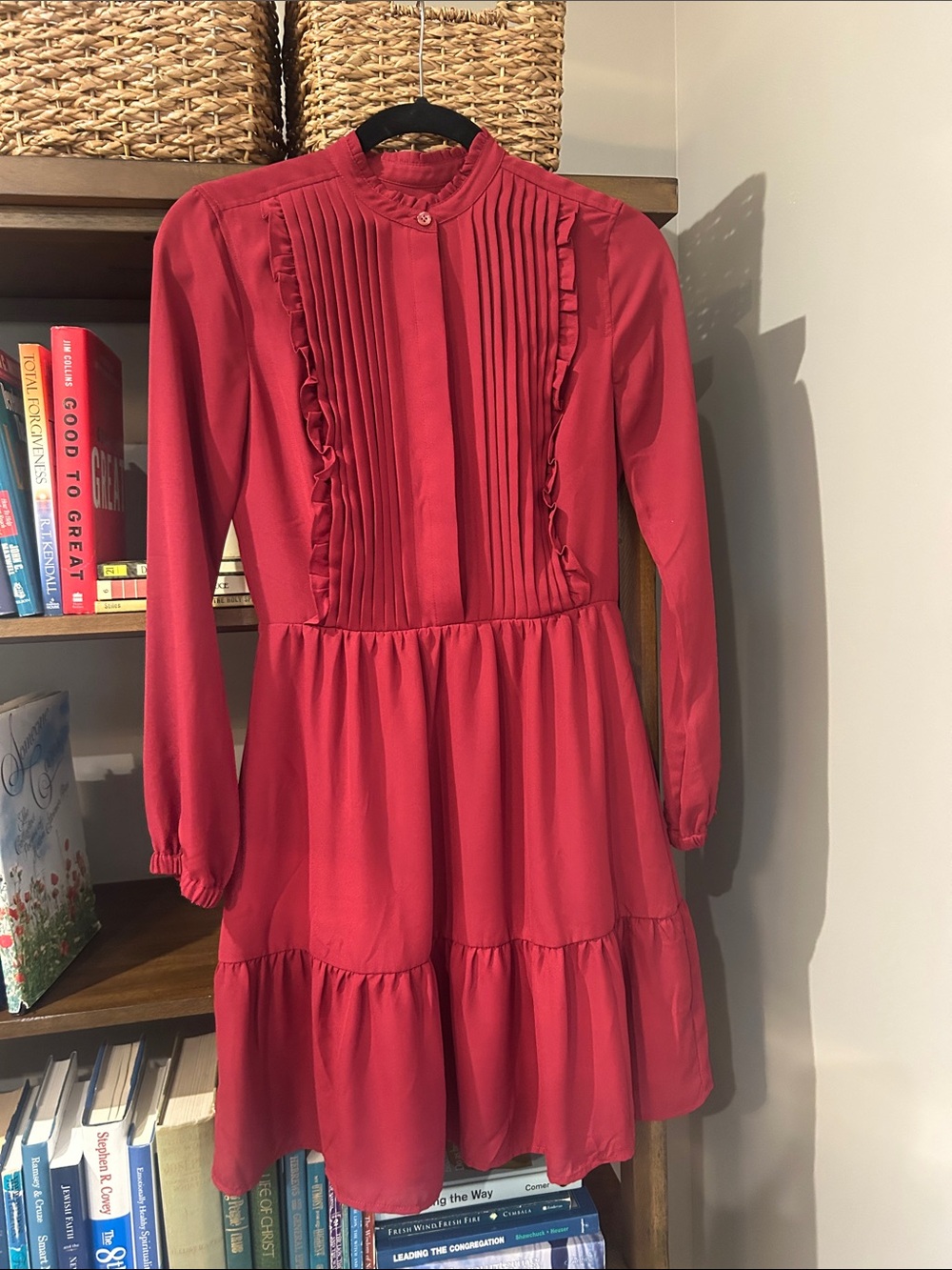 J. Crew Factory Red Long-Sleeve Ruffle Pleated Tiered Dress